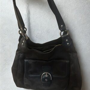 Authentic Coach Dark Brown Campbell Signature Shoulder Bag with Leather Trim